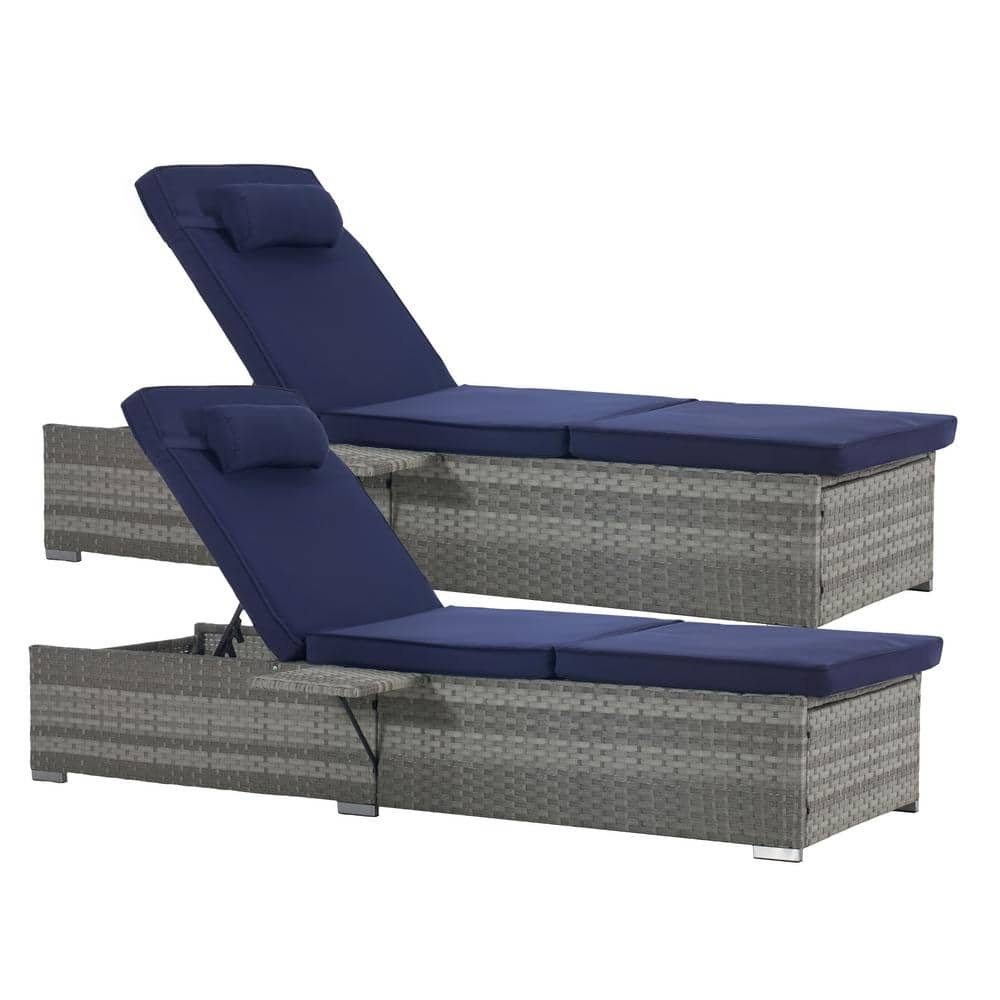 Patio Gray Wicker Armrests Outdoor Chaise Lounge Chair with Height Adjustable Backrest and Navy Blue Cushions (2-Pack) -  Zeus & Ruta, XY-400