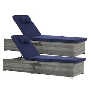 Patio Gray Wicker Armrests Outdoor Chaise Lounge Chair with Height Adjustable Backrest and Navy Blue Cushions (2-Pack)