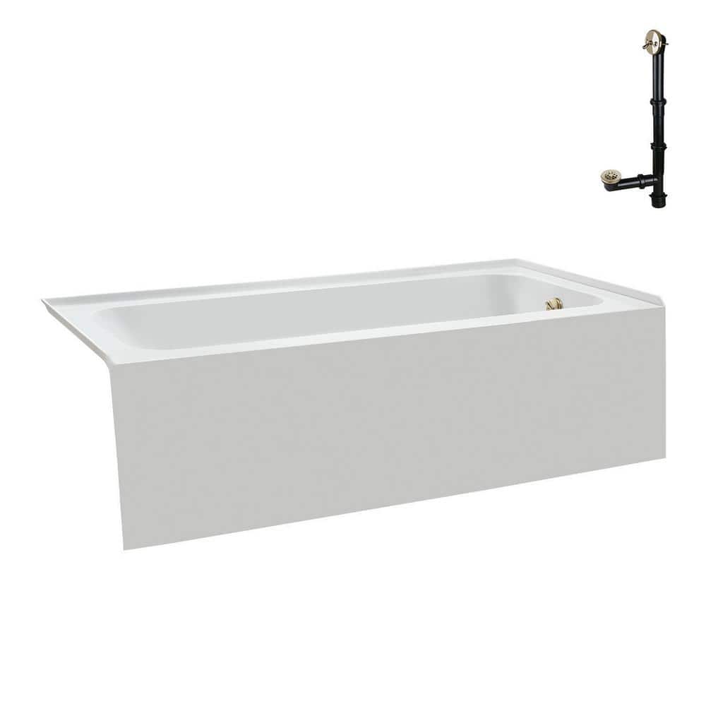 Glossy White Acrylic Rectangular Alcove Bathtub with Polished Brass Drain
