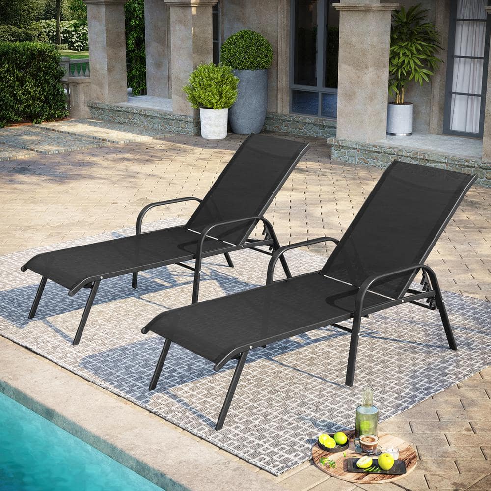 Pellebant 2-Piece Metal Adjustable Outdoor Chaise Lounge in Black PB ...