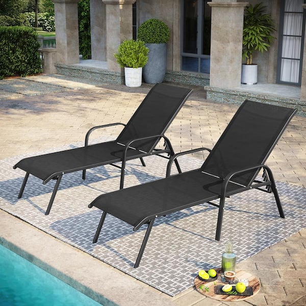 Pellebant 2-Piece Metal Adjustable Patio Outdoor Chaise Lounge Chairs in Black with Arms