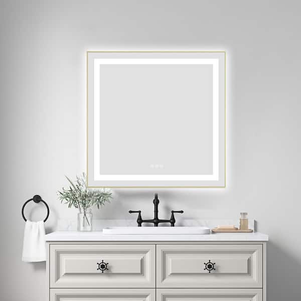 Brushed Gold 30.00 in. W x 30.00 in. H LED Modern square Aluminium Framed Wall Mirror