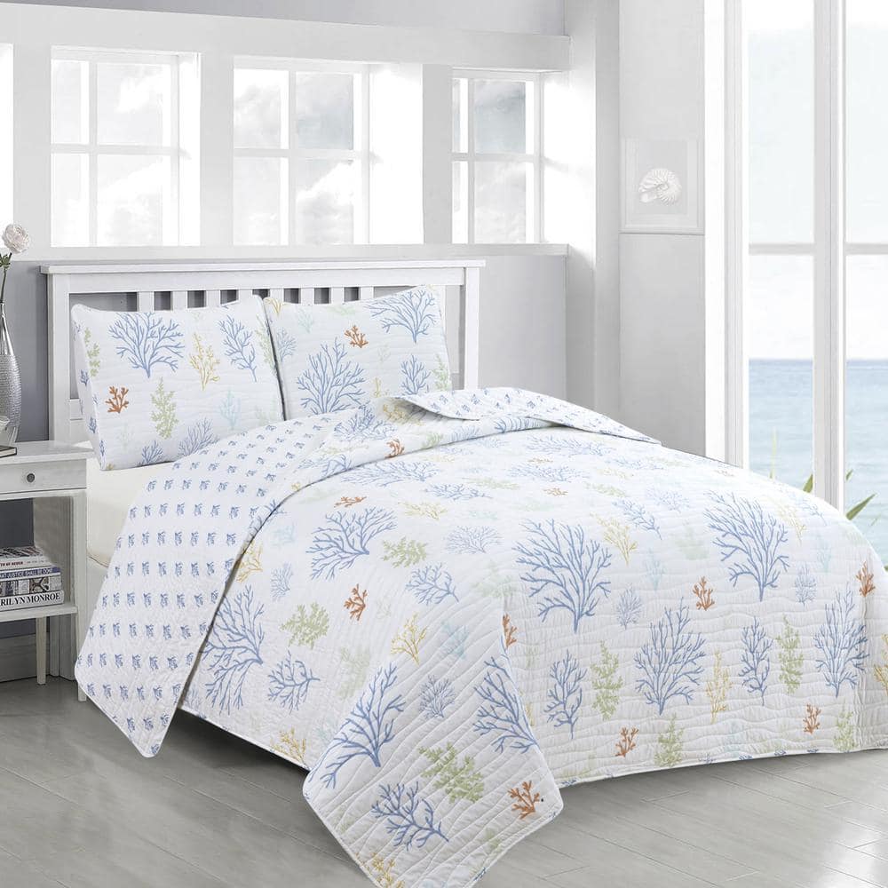 FRESHFOLDS Blue Reversible Coral Themed King Microfiber 3-Piece