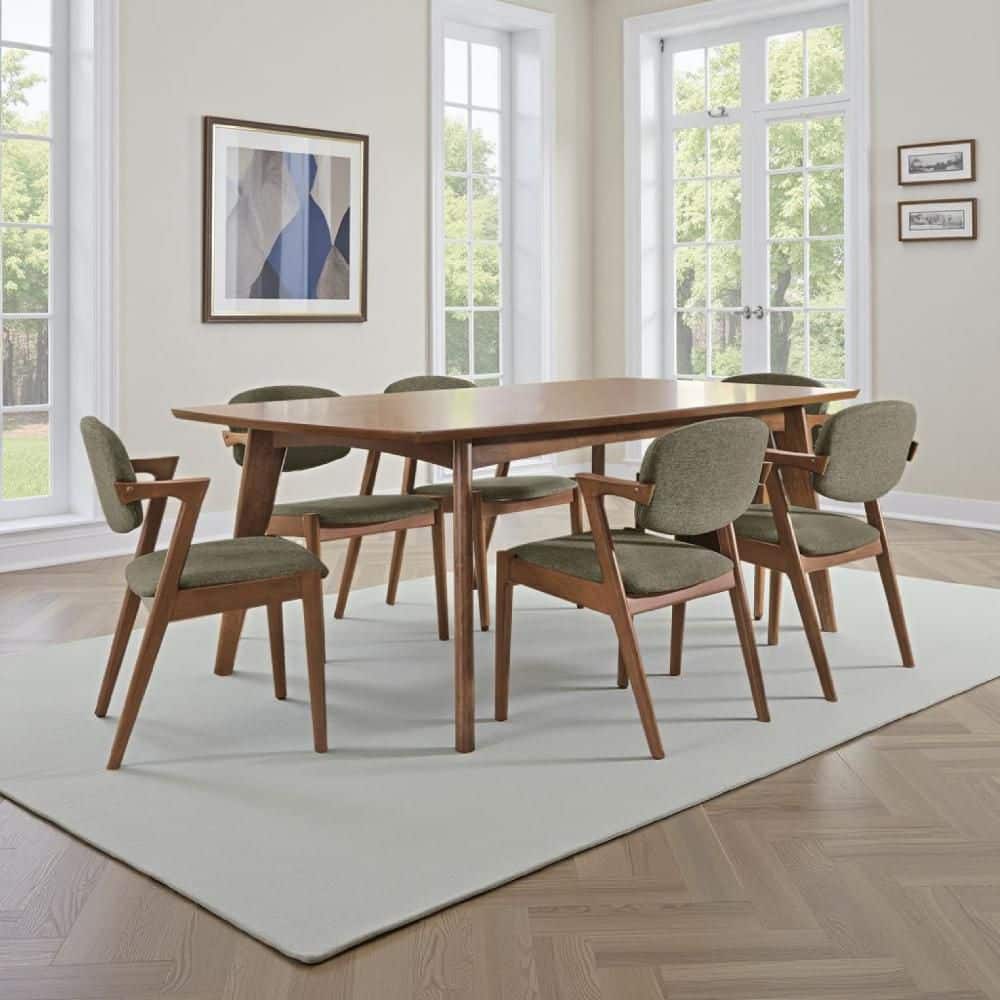 Lery 7-Piece Rectangle Gray and Walnut Brown Wood Top Dining Table Set with 6-Cushioned Chairs (Seats 6)