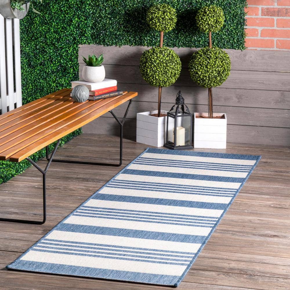 Blue Striped Synthetic Indoor/Outdoor Runner Rug 2x10 Feet