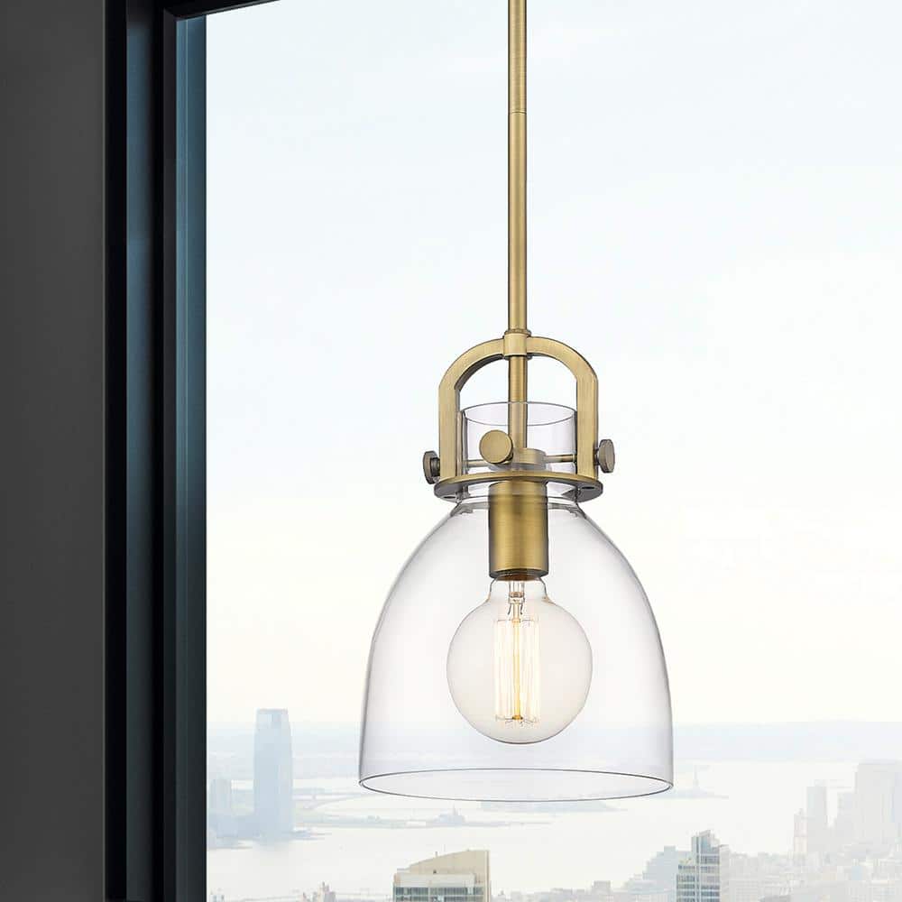Newton Bell Brushed Brass 8" Mini Pendant with Clear Glass Shade
