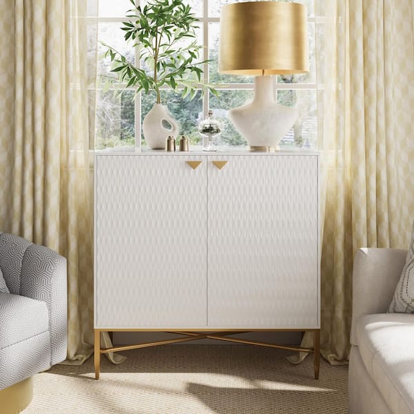 Modern High Gloss White 33 in. Accent Cabinet with Diamond Doors Gold Metal Legs and Adjustable Shelf