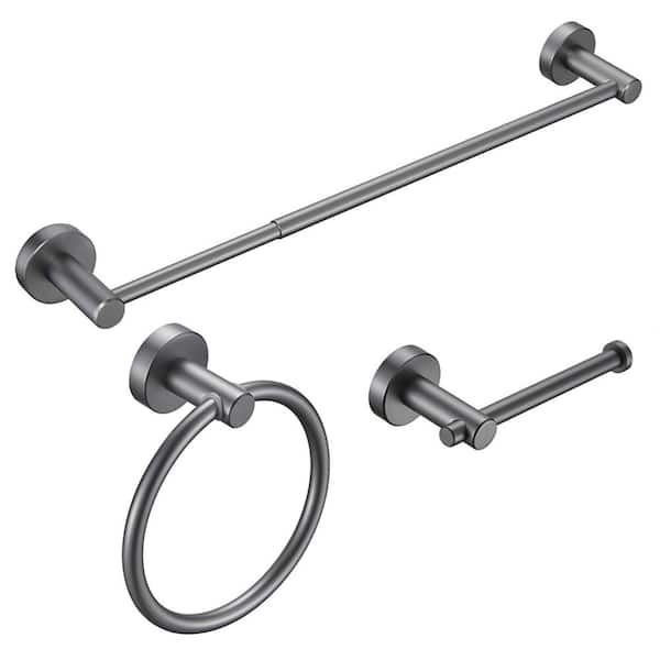 Hermitage Bath Gluon 3-Piece Bath Hardware Set with Adjustable Expandable Hand Towel Bar, Toilet Paper Holder and Towel Ring in Grey