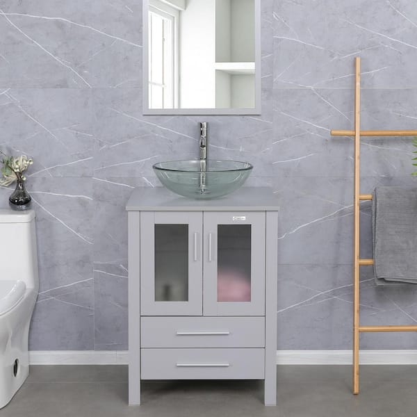 eclife 24 in. W x 20 in. D x 32 in. H Single Sink Bath Vanity in Gray with Clear Glass Vessel Sink Top Chrome Faucet Set