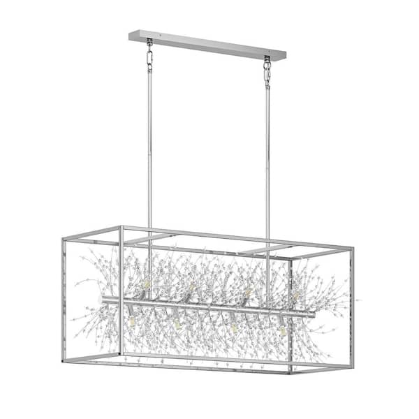Modern 38.58 in. 12-Light Crystal Rectangle Chandeliers Silver and Kitchen Island Hanging Light