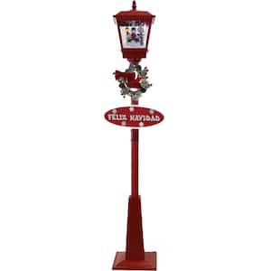 71 in. Red Musical Snowy Street Lamp with Snowman Trio Scene, 2 Signs, Cascading Snow and Christmas Carols