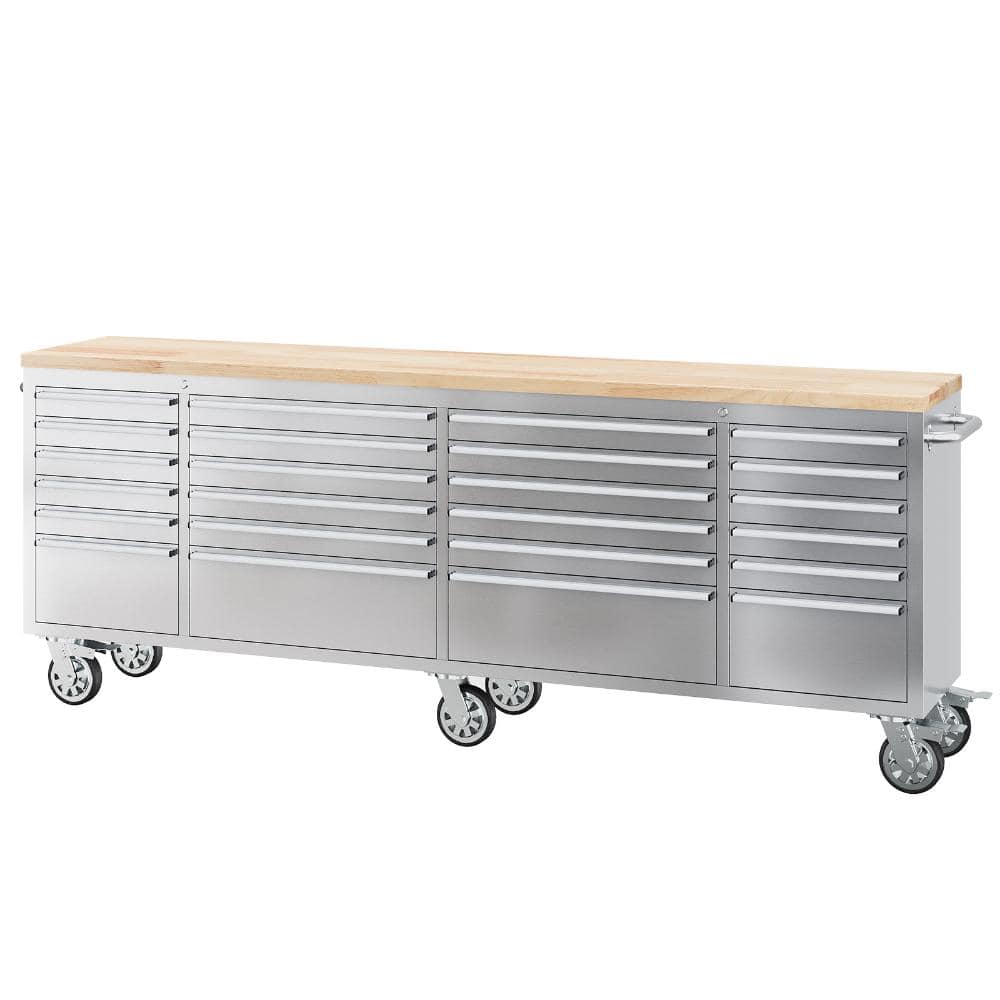 Heavy Duty Large 96 in. W x 18 in. D 24 Drawers Silver Stainless Steel Mobile Workbench Cabinet w/ Rubber Wood Worktop price history on PriceWatchPro