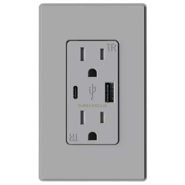 Etokfoks Wall Mount Gray 15 amp Tamper Resistant Duplex Outlet with USB A & USB C Ports 1-Pack (R1615D42-GR)