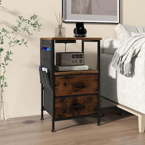 Rustic Brown 3-Drawers Nightstand with Charging Station Industrial Bedside Table