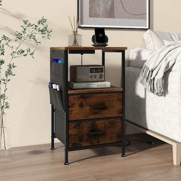 Gymax Rustic Brown 3-Drawers Nightstand with Charging Station Industrial Bedside Table