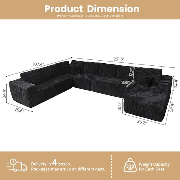 Allwex VA 221 in. Wide Arm 4-Piece Modern Plush Corduroy Fabric U