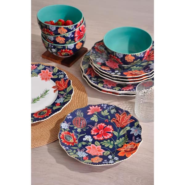 222 Fifth Chintz 12-Piece Porcelain Dinnerware Set, Blue, Round