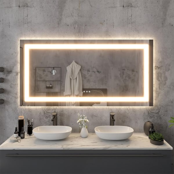 60 in. H x 30 in. W Rectangular Frameless LED Light Anti-Fog Wall Bathroom Vanity Mirror with Backlit and Front Light