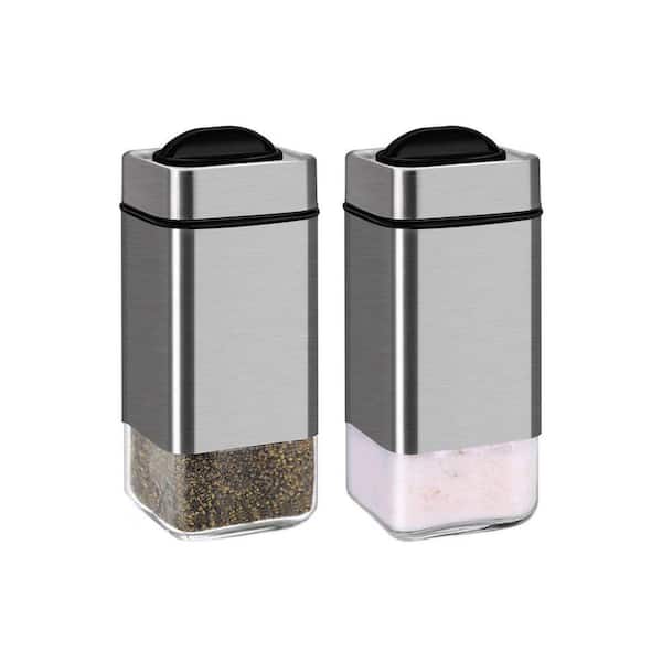 Glass Salt and Pepper Shaker Set Stainless Steel Adjustable Pour Holes Easy Fill Modern Kitchen Dining BBQ