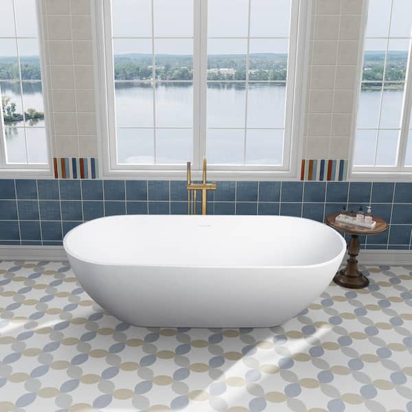 FORCLOVER Stone Flat Bottom Solid Surface Freestanding Double Slipper Soaking Bathtub in White with Drain 69 in. x 29.5 in.