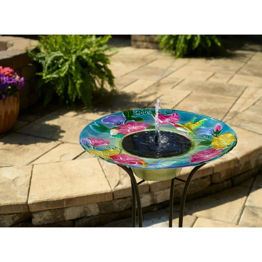 Hummingbird Hand-Painted Glass Solar Birdbath with Steel Stand