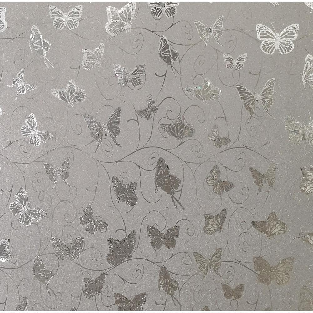 Butterflies, Vines Silver, Grey Vinyl Strippable Roll (Covers 26.6 sq. ft.)