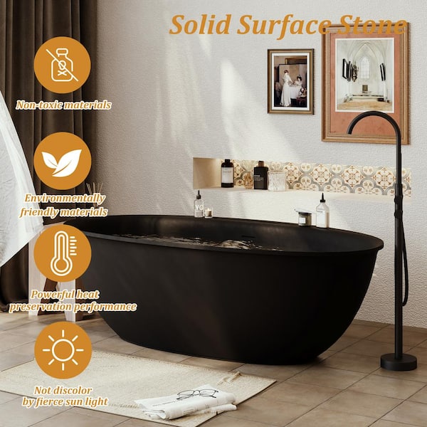 63 in. x 33 in. Stone Resin Solid Surface Non-Slip Freestanding Soaking  Bathtub with Brass Drain and Hose in Matte Black