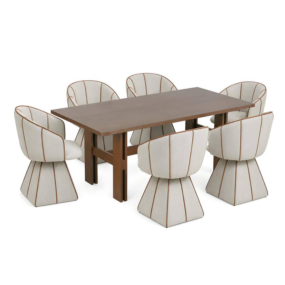 Young 7-Piece Rectangle Beige Solid Wood Top Modern Dining Table Set Seats 6