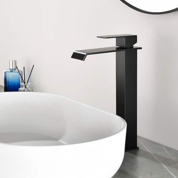 Single Handle Vessel Sink Faucet with Pop-Up Drain, Wide Spout Waterfall Single Hole Bathroom Faucet in Matte Black
