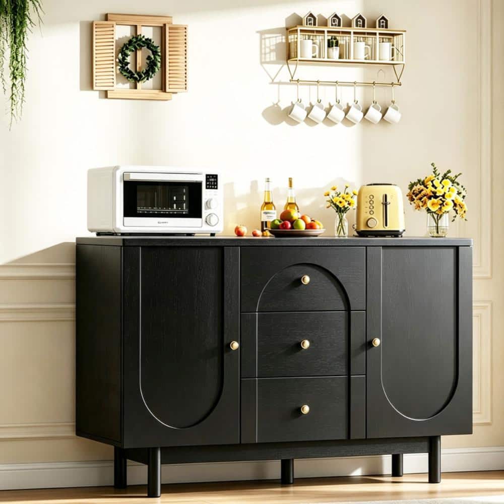 54" Buffet Cabinet with Drawers, Modern Sideboard Buffet Storage Cabinet with Adjustable Shelves, Black