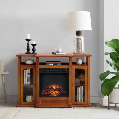 45.25 in. TV Stand Cabinet Sideboard with Electric Fireplace Cherry Fits TV's Up to 50 in. with Ajustable Shelves