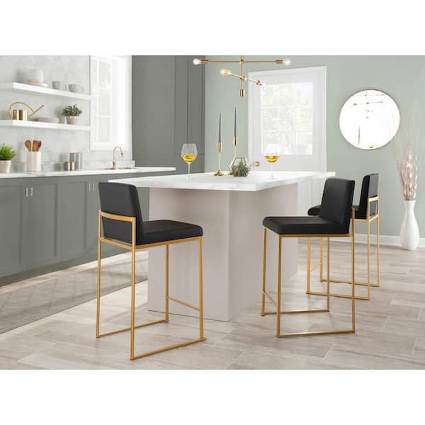 LumiSource Fuji High Back 26 in. Black Faux Leather and Gold Metal Counter Stool (Set of 3)