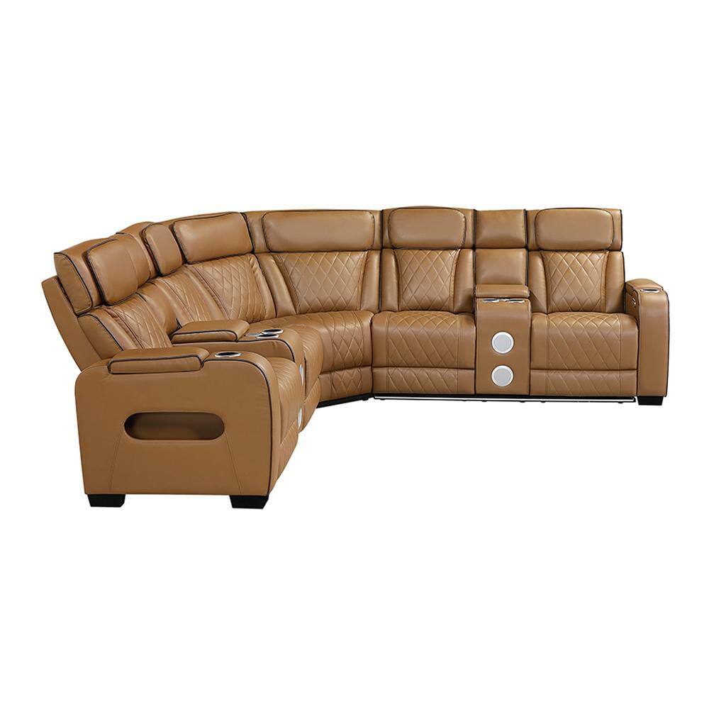 Clumber 118 in. Pillow Top Arm Faux Leather 3-Piece Power Reclining Sectional Sofa with Consoles in Brown