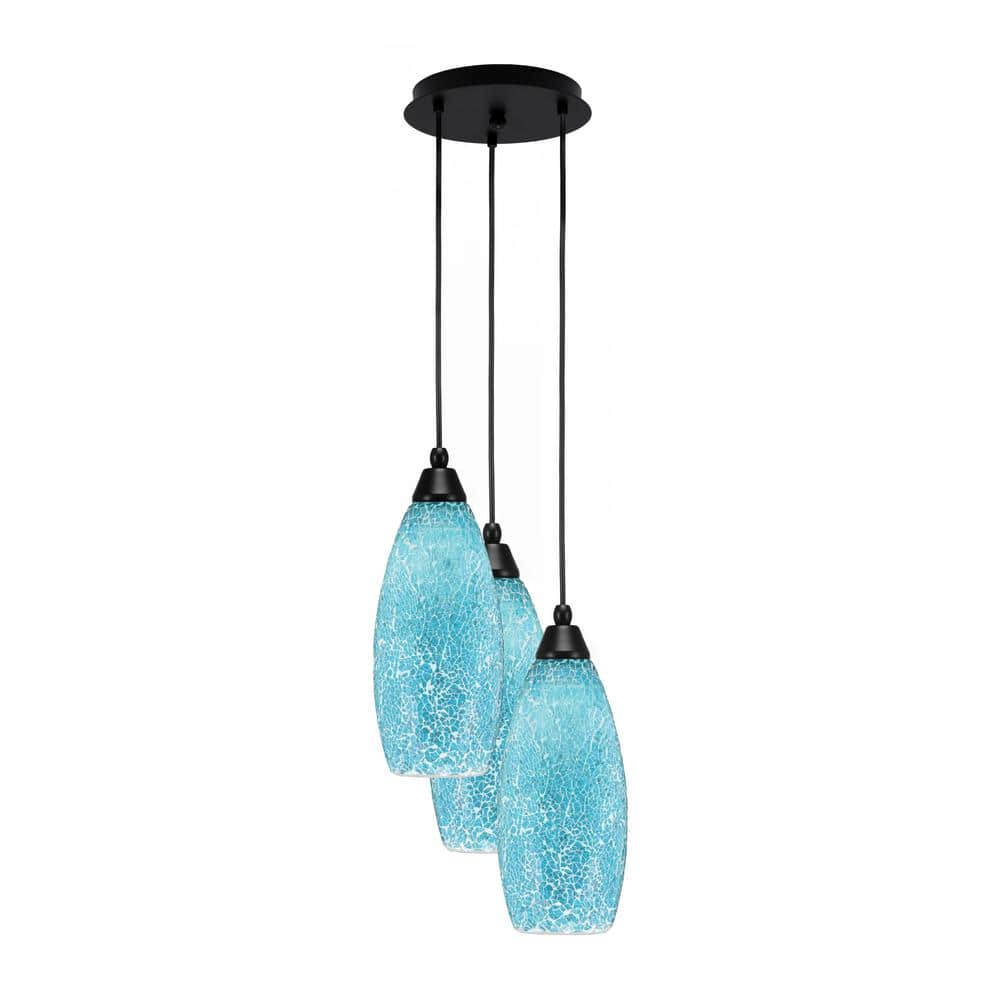 Savannah 15.25 in. 3-Light Matte Black Cord Pendant Light Turquoise Fusion 