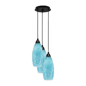 Savannah 15.25 in. 3-Light Matte Black Cord Pendant Light Turquoise Fusion Glass Shade