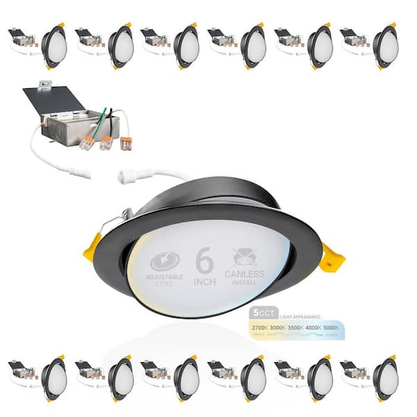 6 in. Canless 2700K-5000K 5 CCT New Construction Integrated LED Recessed Light Kit in Black (12-Pack)