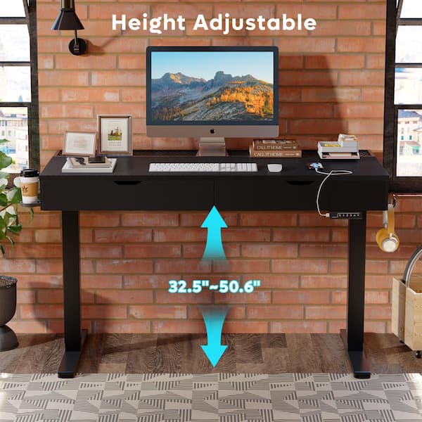 Bestier 47 in. Rectangular Black Carbon Fiber Wood LED Sit to Stand Desk with 3-Height Memory Presets and USB Port and 2-Drawer