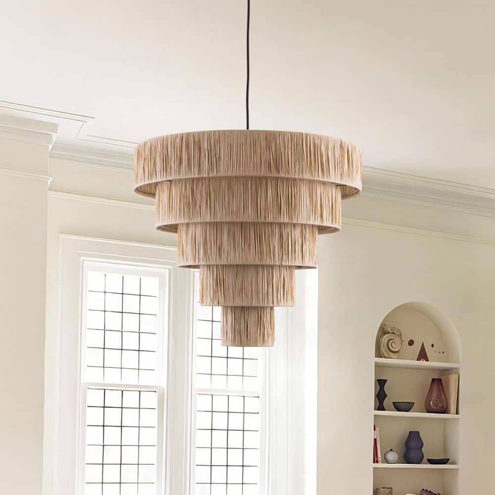 Collision 6-Light 21.3 in. Wood-Colored Paper Lampshade Modern Tiered Dimmable Chandeliers Living Foyer Lighting