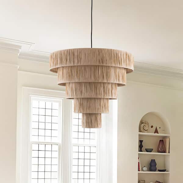 Maxax Collision 6-Light 21.3 In. Wood-Colored Paper Lampshade Modern Tiered Dimmable Chandeliers Living Foyer Lighting