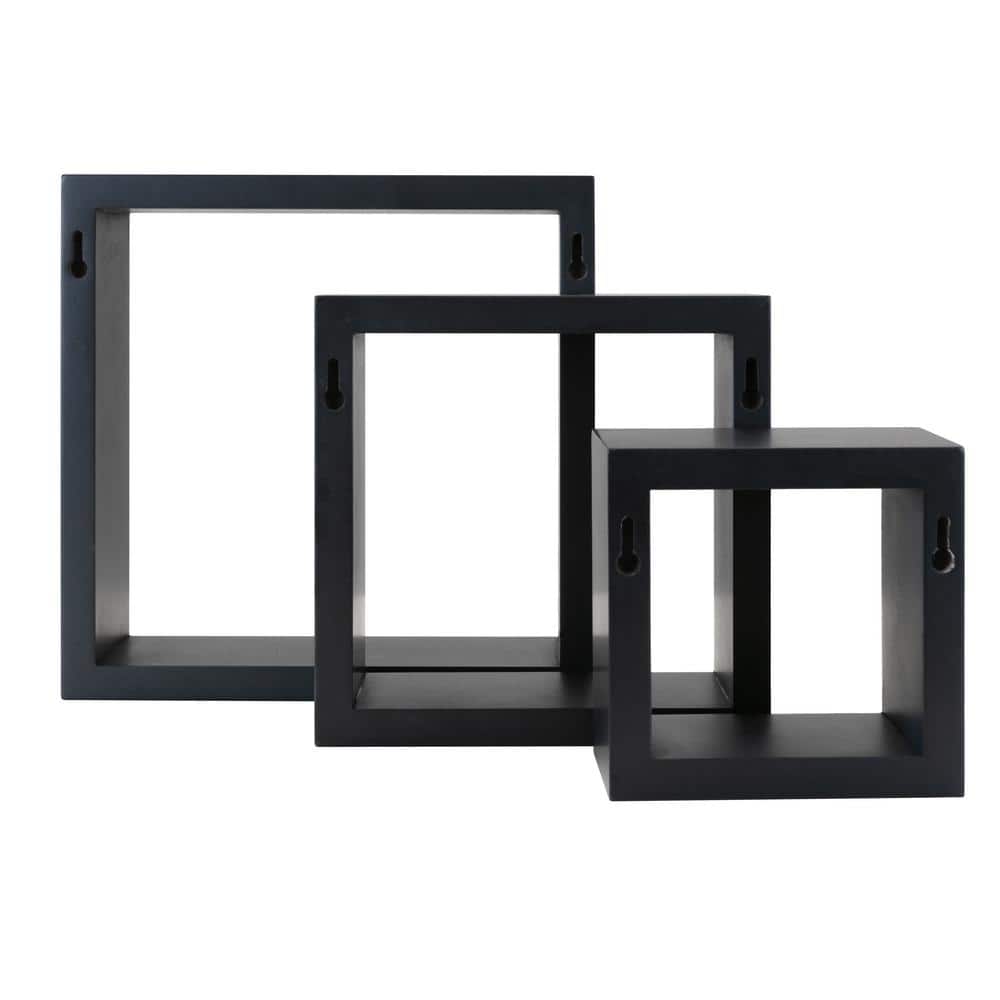 Sleek Black Floating Cube Wall Shelves, Set of 3