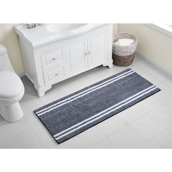 Hotel 24 in. x 60 in. Navy/White Stripe Polyester Rectangle Noodle Bath Runner