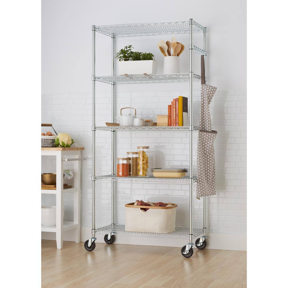 Adjustable Black 5-Tier Chrome Wire Shelving Unit with Hooks
