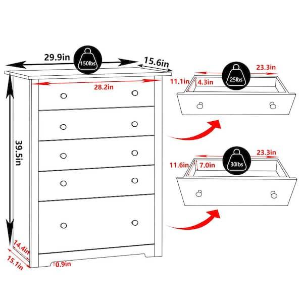 VEIKOUS 5-Drawer Black Chest of Drawers Dresser with Large Drawer