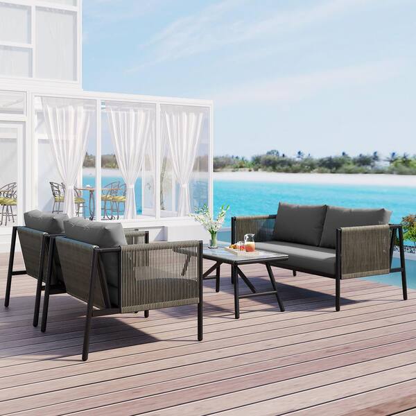 Tenleaf 4-Piece Black All-Weather Metal Patio Conversation Set with Gray Cushions, Toughened Glass Table