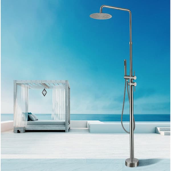 2-Handle Outdoor Freestanding Shower Faucet Kit 1.8 GPM Floor Mount Stainless Steel Shower Kit w/ Hand Shower in Silver