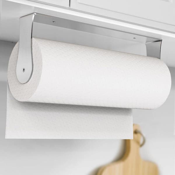 Wall Mount Silver Paper Towel Holder Under Cabinet Adhesive or Screw Installation for Kitchen and Bathroom