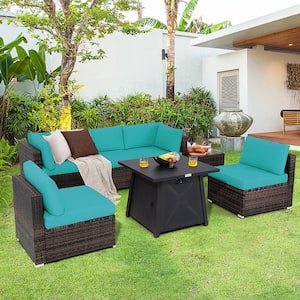 7-Piece Wicker Patio Conversation Set with Turquoise Cushion & Fire Pit Table & Cover
