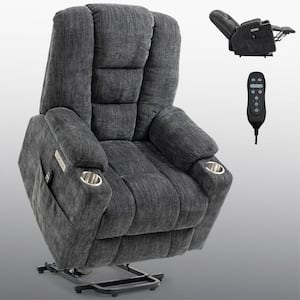 34.25 in. W Gray Chenille Power Lift Recliner Chair with Massage, Heating, USB and Type-C Ports and Cup Holders