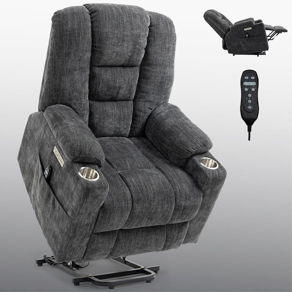 sumyeg 34.25 in. W Gray Chenille Power Lift Recliner Chair with Massage, Heating, USB and Type-C Ports and Cup Holders
