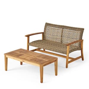 Hampton Natural 2-Piece Wood and Faux Rattan Outdoor Patio Conversation Set
